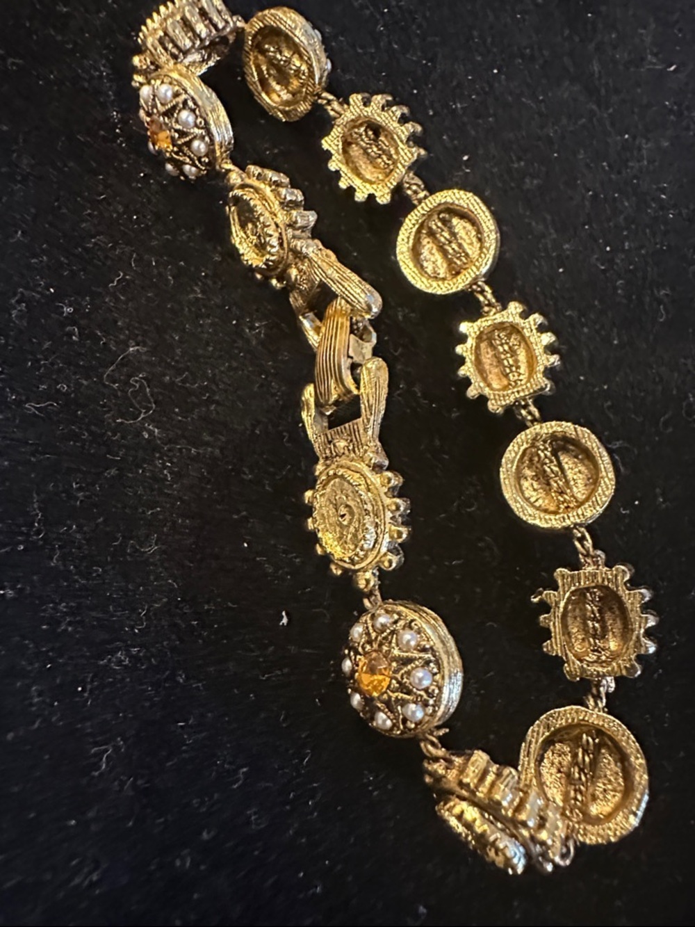 Vintage ART Bracelet • Victorian Revival • Faux Pearls & Honey Topaz Glass